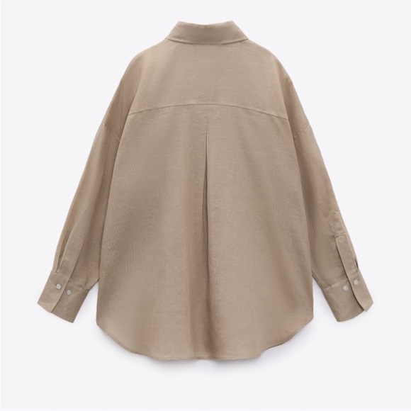 Zara Linen Button-Down Shirt with Pocket in Beige/Tan - Picture 7 of 9
